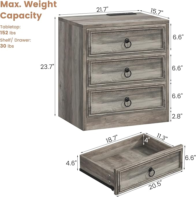 Farmhouse Nightstand with Charging Station, 21.7" Wide End Table with 3 Drawers, Grey Wood Side Table, Bedside Table for Bedroom, Living Room, Sofa