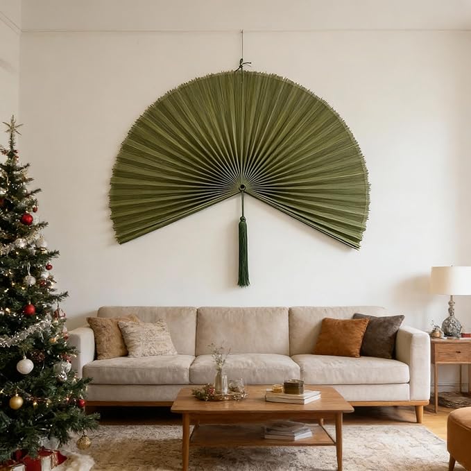 ChumDecor Fan Wall Decor, Japanese Giant Fan, Large Bamboo Fan Wall Art For Boho Hanging Headboard, Decorative Folding Fans For Over Bed, Asia Trending (Army Green 60inch)