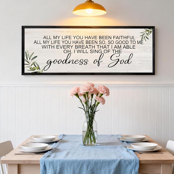 Goodness of God Christian Wall Decor: 40x15 Inch Large Framed Christian Inspirational Wall Art, Religious Scripture Quote Wooden Sign, Black Frame Christian Home Decor for Living Room Bedroom, Black