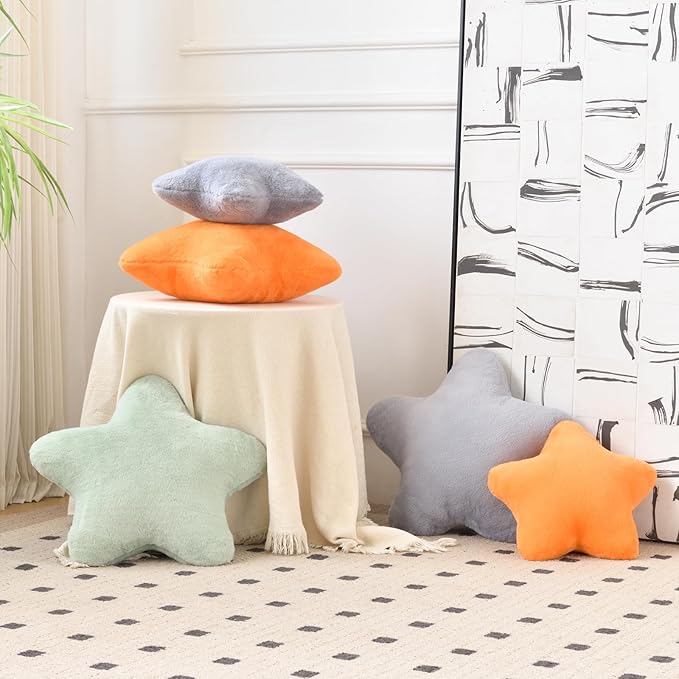Xiashrk Star Pillow, Decorative Throw Pillows for Bed Couch, 15" Star Shaped Pillow Plush Floor Cushions Room Decor Pillow with Faux Rabbit Fur for Sofa Bedroom Living Room (Orange, 15" x 15")