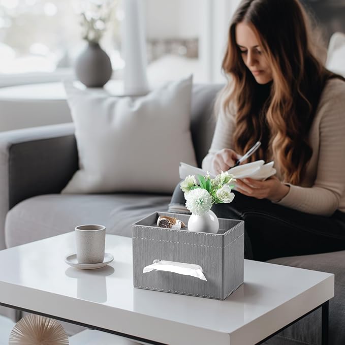 Plus Size Tissue Box Cover Rectangle, PU Leather Tissue Box Holder with Storage Tray, Decorative Organizer Tissue Holder for Bathroom, Bedroom Dresser, Night Stand, Office (Grey)