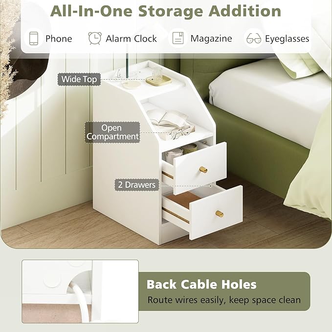KOMFOTT Set of 2 Side Tables with Charging Station, End Tables with Storage Drawers, Sofa Couch Tables for Small Space, Modern Nightstands for Bedroom (White,2)