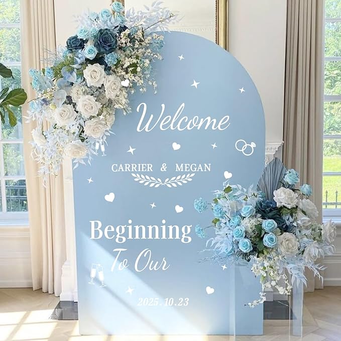 HLNIUC Welcome To Our Beginning Mirror Stickers Double-Sized,Removable Letters Number Wall Decal,Bride And Groom Names Decals,Personalized Wedding Mirror Sticker for Window Sign Marriage Decoration