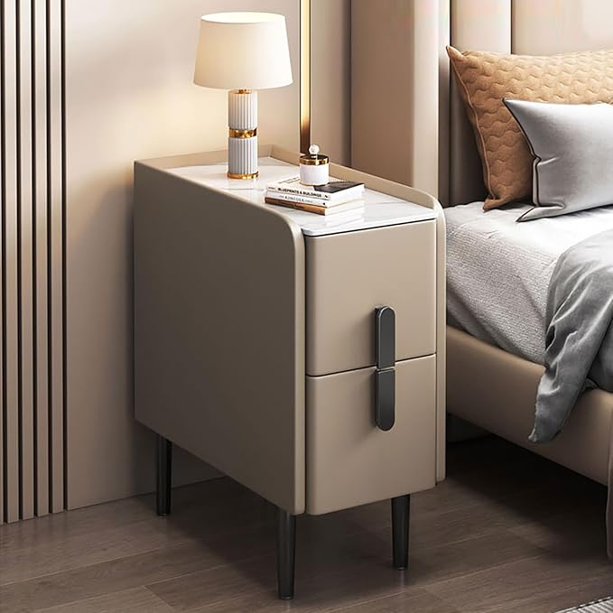 Modern Pu Leather Nightstand with Marble Tabletop, Narrow Bedside Table Luxury Side End Table with 2 Drawers & Metal Legs, Storage Cabinet for Bedrooms(20x40x50cm(8x16x20inch), Khaki)