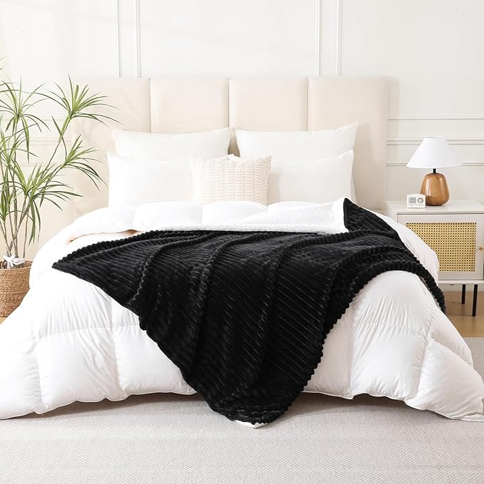 Black Sherpa Fleece Throw Blanket 50”×60” for Couch Sofa Bed, Double Side Soft Fuzzy Cozy Plush Thick Flannel Blanket with Striped Design Gift for Adults,Woman,Girls