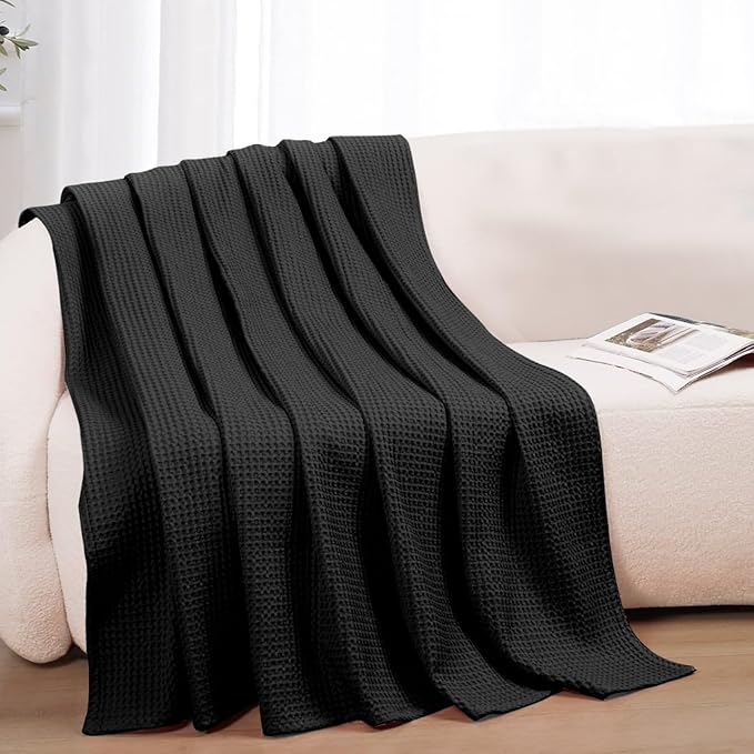 100% Cotton Blankets for Bed - Waffle Weave Blankets for Summer, Lightweight and Breathable Soft Woven Blanket for Spring (Black, Throw (50" x 60"))