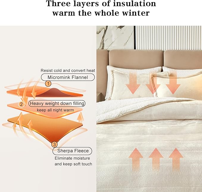 3-Layer Luxury Flannel Fleece Thick Bed Blanket King Size, Soft Plush Velvet Sherpa Blanket with 2 Pillow Shams Heavy Warm for Winter, Breathable n Washable, Cream White