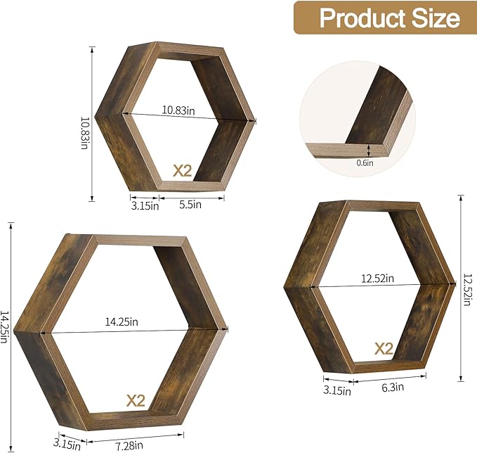 YBING Hexagon Shelves for Wall, Wood Honeycomb Floating Shelves Set of 6,Farmhouse Hexagonal Decorative Storage Shelf MDF for Living Room Bedroom Brown