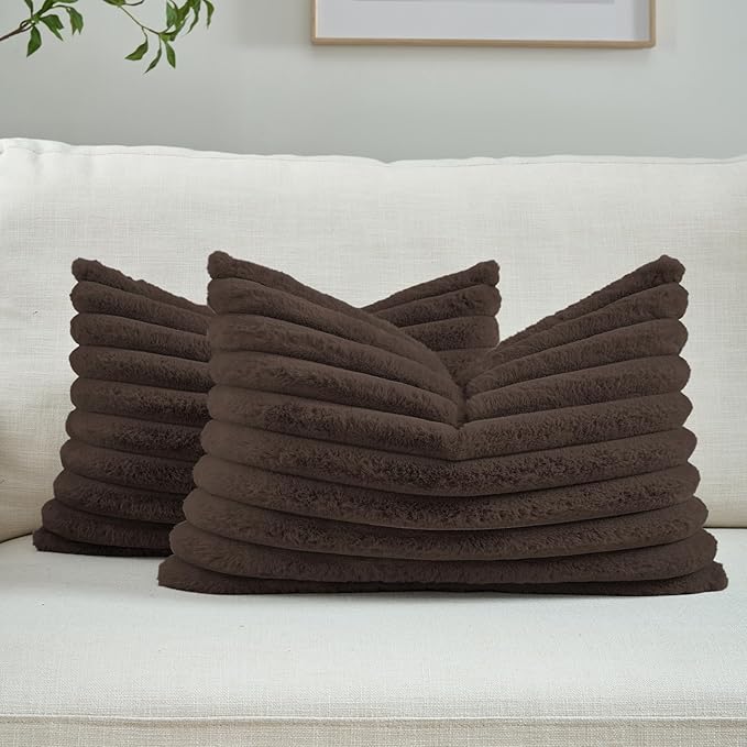 FUTEI Dark Coffee Decorative Throw Pillow Covers Set of 2, 12x20 Inch Soft Fluffy Faux Fur Plush Striped Lumbar Pillowcases, Modern Home Decor for Couch Bed Living Room