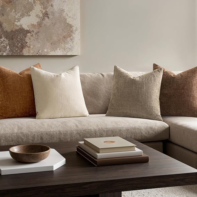 MIULEE Pack of 4 Fall Decorative Throw Pillow Covers 16x16 Inch Brown Chenille Textured Throw Pillows Boho Farmhouse Rustic Cushion Covers for Vintage Modern Home Decor Couch Sofa Bed Living Room