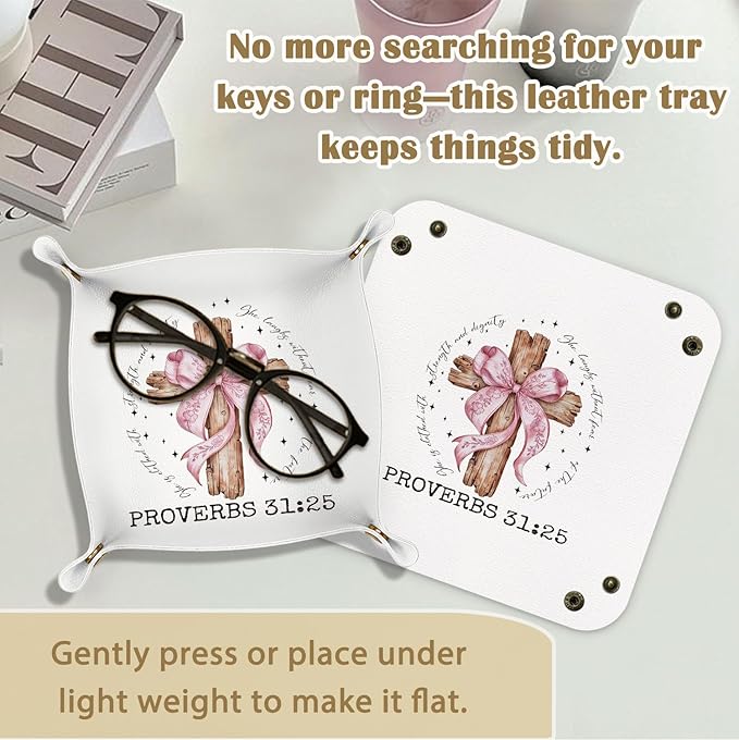 Christian Gifts for Women Faith - Proverb 31 Woman Gifts Religious Pink Bow Bible Verse PU Leather Catchall Beside Caddy Nightstand Organizer Tray for Rings Watches,7.87x7.87in