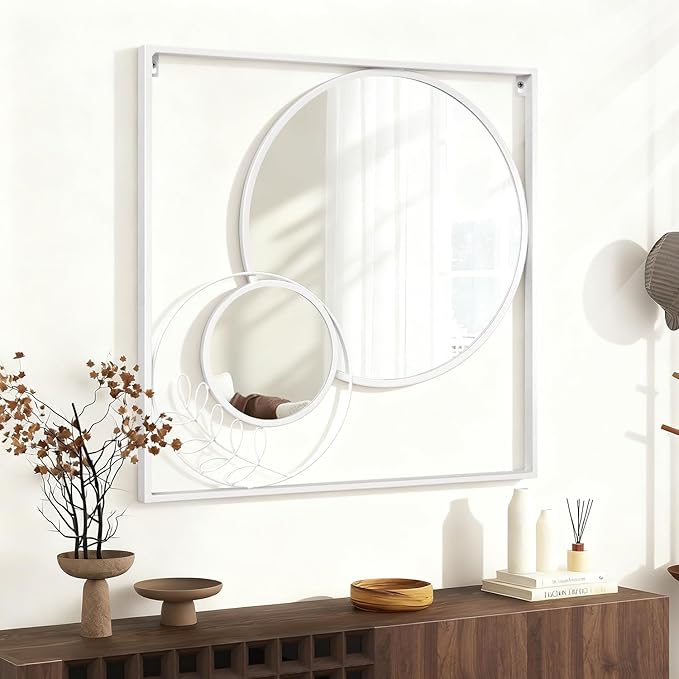 Large White Circle Wall Mirror, Square Wall Mounted Mirror Set Round Modern Art Decorative Mirrors for Living Room Bathroom 30x30 Inch Decor