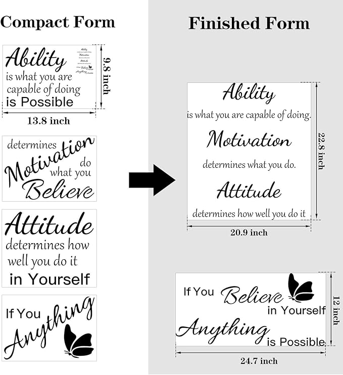 2 Sheets Vinyl Wall Quotes Stickers Ability Motivation Attitude Believe in Yourself Inspirational Saying Home Decals Quote Home Decor for Office School Classroom Teen Dorm Room Wall Decal (Black)