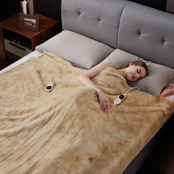 Guohaoi Heated Blanket Electric Throw, Soft Faux Rabbit Fur Electric Blanket with 10 Heating Levels 5 Sitting Timer Auto Off, Dual-Controller Heating Blankets, Machine Washable(90"×100" Beige)