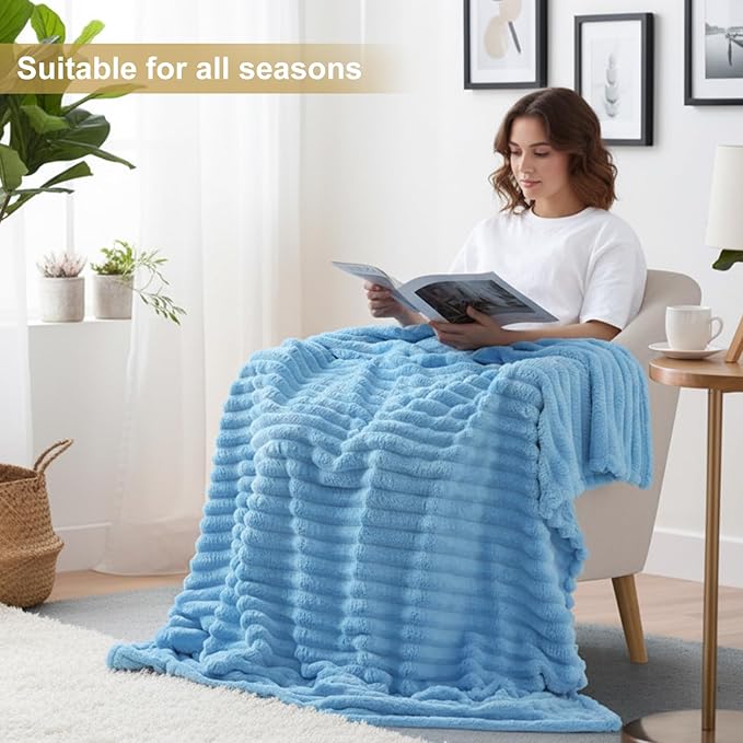 decorUhome Soft Fleece Blue Blanket Queen Size for Bed, Cozy Fluffy Plush Flannel Large Striped Throws for Couch Sofa, Lightweight Decorative Fuzzy Blanket for Woman, 90x90 Inches