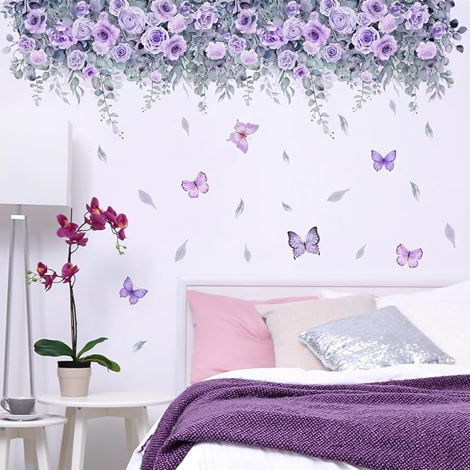 TUOKING Purple Rose Wall Stickers Removable Butterfly Wall Murals Peel and Stick Wall Art Decal Home Decor for Kitchen,Bedroom,Living Room(MS2306)