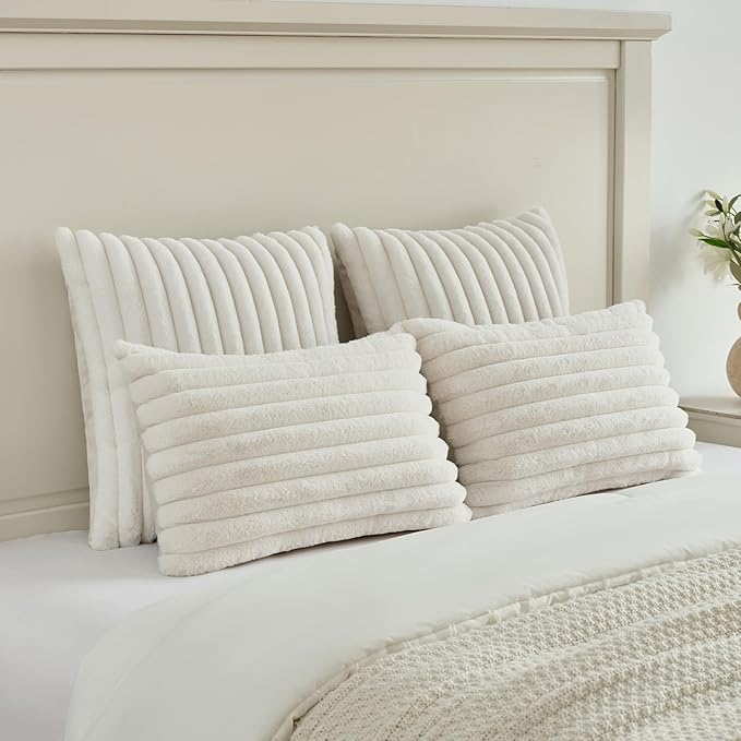 FUTEI Cream White Decorative Throw Pillow Covers Set of 2, 28x28 Inch Soft Fluffy Faux Fur Plush Striped Euro Pillow Shams, Modern Home Decor for Couch Bed Living Room