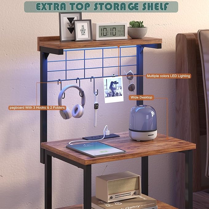 Tall Nightstands with Charging Station, LED Night Stand Bedsides with 3 Fabric Drawers,Hooks,USB Port and Open Storage Shelves,Tall End Table Bedside Tables for Bedroom,Office, Rustic Brown