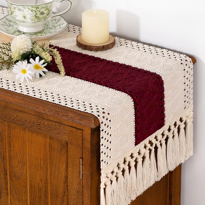 Socomi Boho Table Runner Easter Spring Farmhouse Rustic Dining Kitchen Centerpiece Decor Small Macrame Woven Cotton Linen Coffee Table Runner for Dresser Scarf Home Decor 12x48 in Burgundy Ivory