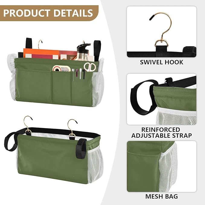DOMIKING Dark Green Bedside Caddy for Dorm Bed Recliner Armrest Organizer with Hooks Haning Storage Bags for Couch Recliner Remote Control