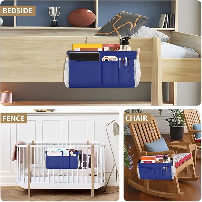 DOMIKING Blue Bedside Caddy for Dorm Bed Recliner Armrest Organizer with Hooks Haning Storage Bags for Headboards Rails Bunk Bed