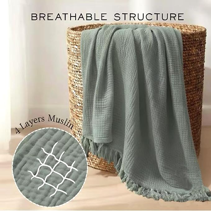 KyraHome 100% Organic Cotton Throw Blankets, 60"x80", Plant Dyed, Lightweight Warm, Gauze Soft Muslin Blankets for Adults, Picnic, Travel, All Season, Sage Green