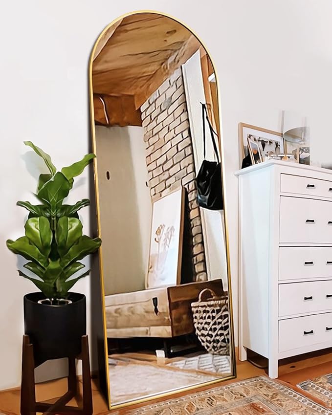Floor Mirror, Full Length Mirror with Stand, Arched Wall Mirror, Gold Floor Mirror Freestanding, Wall Mounted Mirror for Bedroom Living Room, Gold