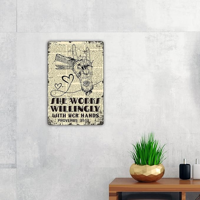QIONGQI She Works Willingly with Her Hands Metal Tin Sign Wall Decor Retro Hairstylist Art Signs for Home Salon Baber Decor Gifts