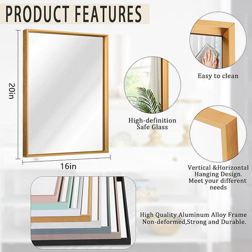 AAZZKANG Bathroom Mirror Rectangular Decorative Metal Mirrors for Wall with Frame Bedroom Living Room Home Decor Gold 20"x16"