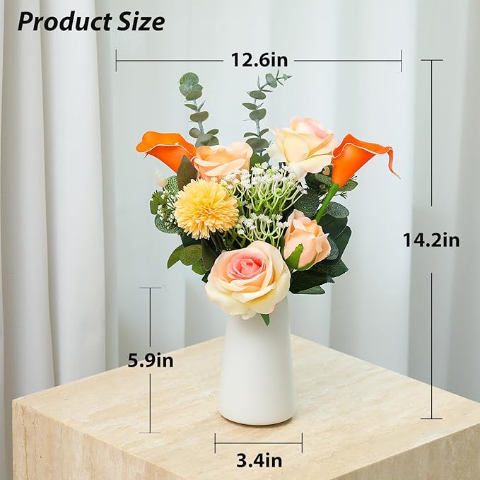 Fake Flowers with a Ceramic Vase, Fake Flower Bouquet in vase, Floral Decor Flower Arrangements for Home Office Farmhouse Bathroom Dining Table Centerpiece Decorations Coffee Table(Champagne)