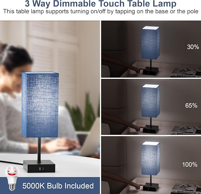 Sailstar Bedside Table Lamp for Bedroom Set of 2, 3 Way Dimmable Touch Lamp with USB C+A Charging Ports, Small Nightand Lamps for Bedroom Decor, Living Room, LED Bulbs Included, Upgraded Navy Blue
