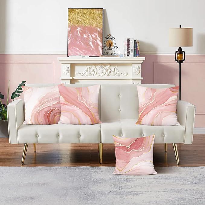 Bonhause Pink Marble Throw Pillow Covers 18x18 Inch Two-Sided Pink Gold Abstract Art Modern Decorative Pillows Case Soft Velvet Outdoor Cushion Covers for Couch Sofa Bed Home Decor Set of 4