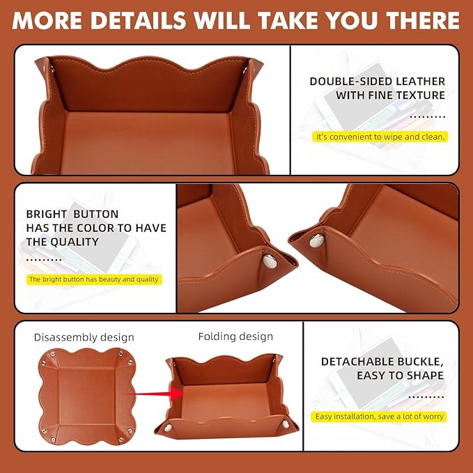Valet Tray for Men Women 2 Pack - PU Leather Travel Catchall Tray Organizer - Desk Bedside Nightstand Storage Box for Jewelry Key Phone Remote Controller Wallet Watch Glasses Readers -Brown