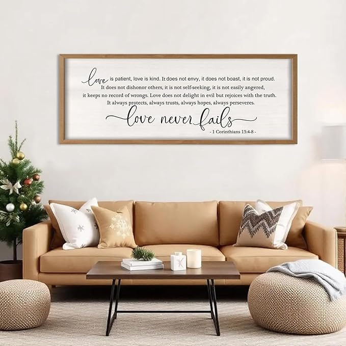 Foutcheou Love Is Patient Love is Kind Wall Art, 32"X12" Wood Framed Bedroom Above The Bed Wall Decor, Large Horizontal Dining Room Christian Bible Verse Hanging Sign for Home Family, Natural