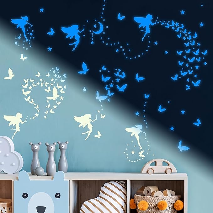 Glow in The Dark Fairy Wall Decals, Luminous Fairies Stars Wall Stickers for Ceiling, Peel and Stick Butterfly Decoration for Kids Room