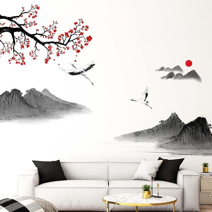 Japanese Style Landscape Painting Wall Stickers - Cherry Blossom Wall Decals - Bedroom Living Room Sofa TV Background Home Wall Décor