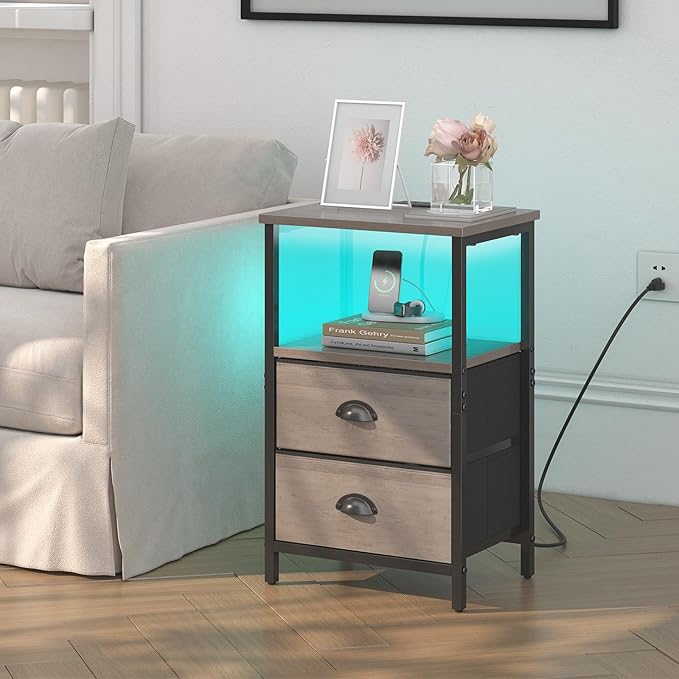 Nightstand with Charging Station, LED Night Stand with 2 Fabric Drawers, Grey Bedside Tables End Table with Drawers, 2-Tier Storage Side Table Nightstand with Drawers for Bedroom, Grey