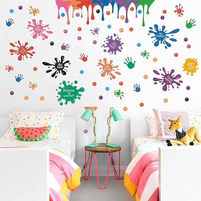 HLNIUC Colorful Inspirational Wall Decals 31pcs Positive Saying Ink Splatter Splotches Wall Sticker Watercolour Motivational Lettering Wall Peel and Stick Decor for Kid Playroom Daycare Art Decor