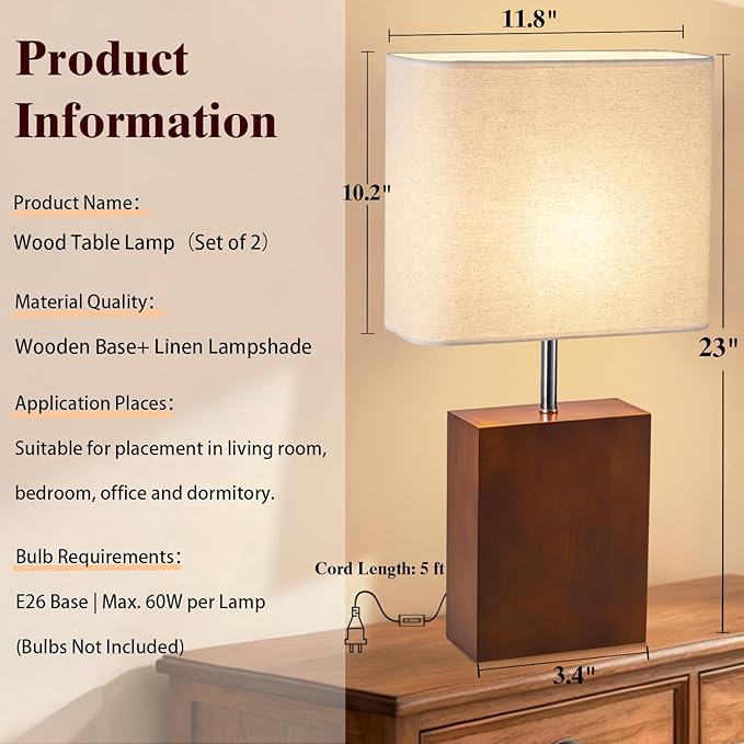 lapupu 23" Wood Table Lamp Set of 2 for Living Room, Modern Bedside Lamps for Bedroom, Large Farmhouse Nightstand Lamp, Desk Lamps for End Table Home Decor, Walnut Wood
