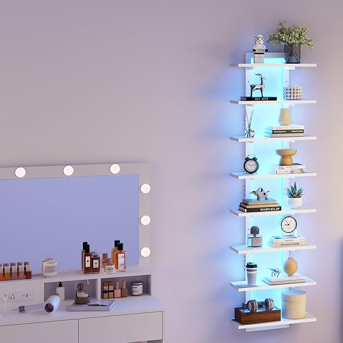8 Tier Wall Shelf Unit with LED Light, White Floating Shelf, Vertical Display Shelf, Wall Decor for Bedroom, Living Room, Vanity, 15" W x 5.9" D x 58.3" H