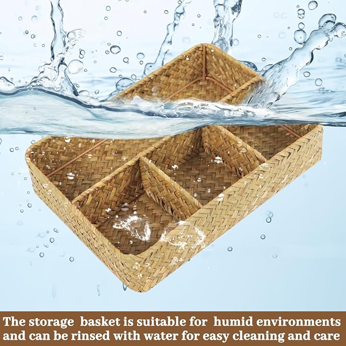 Hand-Woven Storage Baskets Wicker Rattan Divided Basket Organizer for Drawer Baskets for Organizing Cabinet Coffee Table Toilet Paper Storage
