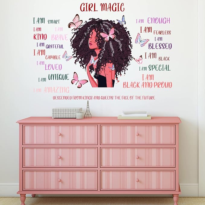 Black Girl Wall Decal Inspirational Quote Butterfly Sticker Motivational Saying American Wall Decor Sticker for Afro Woman Bedroom Playroom