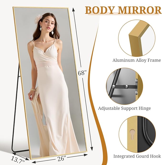 Full Length Mirror 68"x26" Full Body Mirror Rectangle Free Standing Wall Mounted Leaning Floor Mirrors with Stand Aluminum Alloy Frame for Bedroom Cloakroom, Gold