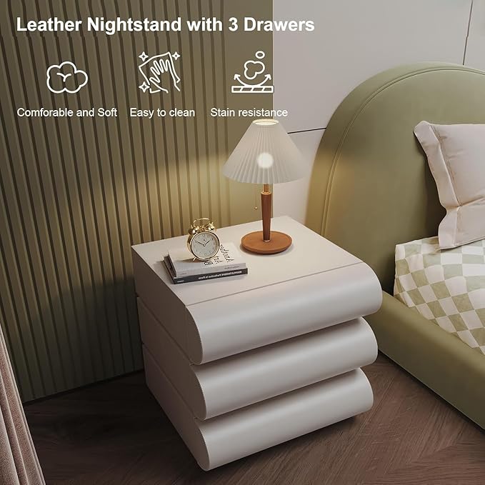 Nightstand with 3 Drawer, Bedside Table with Microfibre Leather, Fashion Night Stand for Bedroom/Living Room, No Assembly Required-White