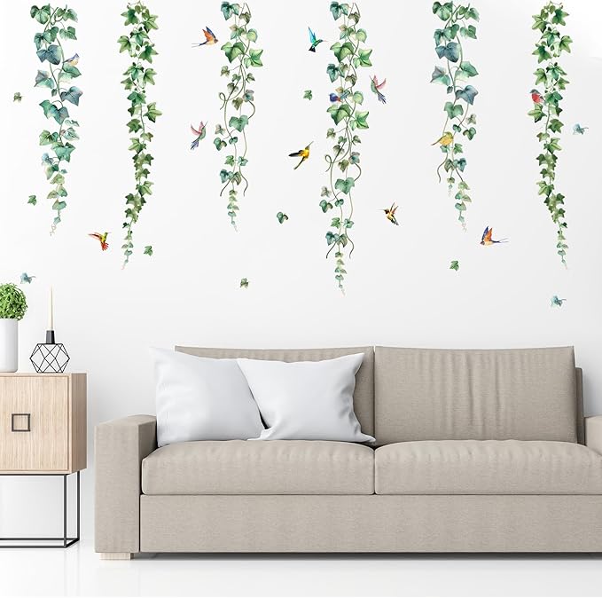 HLNIUC Nature Themed Wall Decal 35PCS Vine and Bird Self Stick Room Sticker Colourful Humming Bird Sticky Wall Decals Spring Day Wall Stickers Peel and Stick Natural Art Decal for Living Room