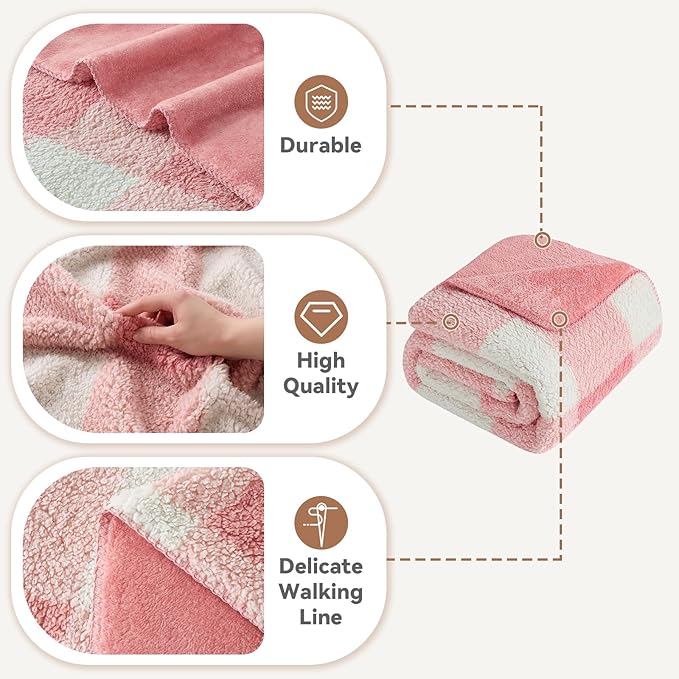 LURKA Checkered Sherpa Fleece Throw Blanket – Soft and Cozy, Medium Weight for All Season, Plush Throw for Couch, Bed & Pets, Powder Pink, 50x60 Inches