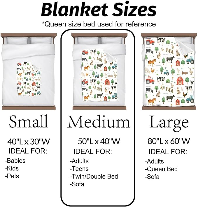 Farmhouse Blanket Cute Farm Pattern with Cow Horse Tractor and Barn Throw Blankets Lightweight Flannel Throws for Camping Couch Office Bed Country Home Decor Gifts for Adults,60x50inch