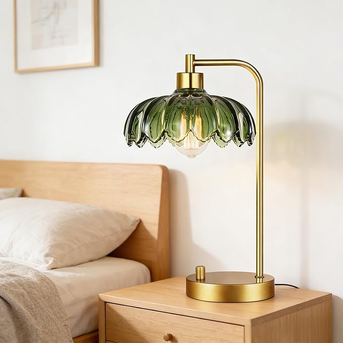 Glass Table Lamp Set of 2,Small Gold Bedside Lamps Dimmable Boho Bedroom Lamp with Tulip Flower Green Lamp Shade,Vintage Mid Century Modern Mini Nightstand Lamp for Bedroom Living Room