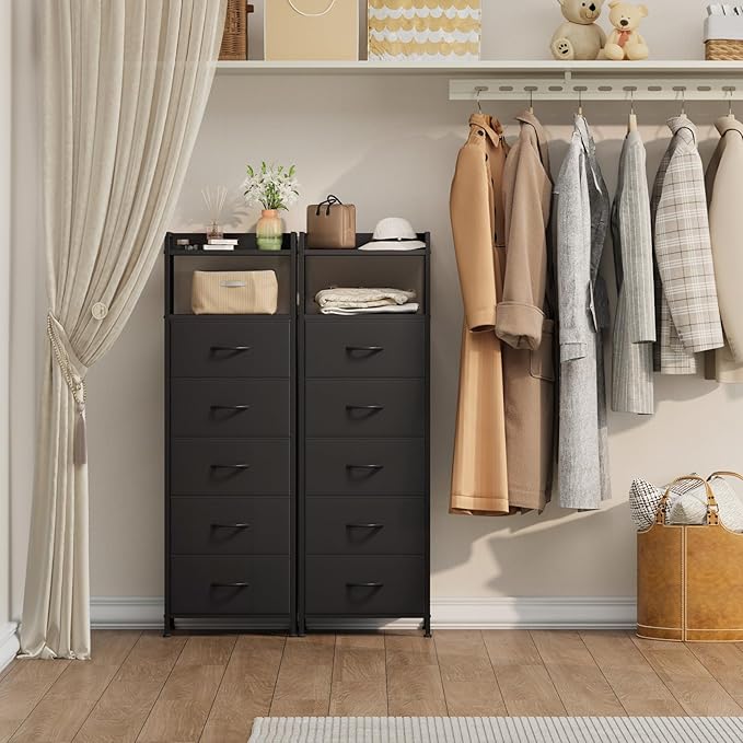 Somdot Tall Dresser for Bedroom, 5 Drawers Nightstand Vertical Storage Tower Unit, Night Stand Furniture with Fabric Drawer Organizer in Bedside Hallway, Entryway, Kids Room, Closet, Black