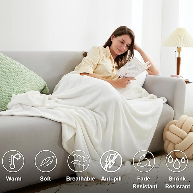 Hansleep Fleece Queen Blanket for Bed Fleece Super Soft White Queen Flannel Fuzzy Plush Cozy Blanket for All Seasons, White, Queen 90x90 Inches
